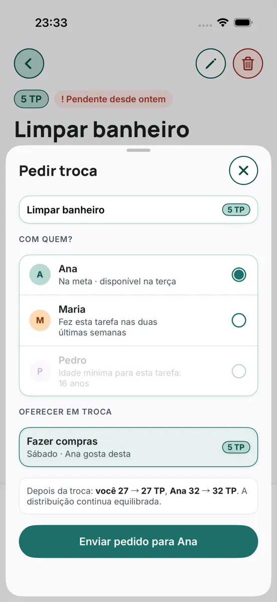 O pedido de troca de Limpar banheiro: Ana disponível, Pedro sem a idade mínima, e o resultado da troca para os dois